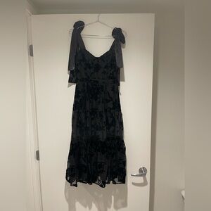 Lulu's Sweet Essence Black Floral Burnout Velvet Tie-Strap Midi Dress